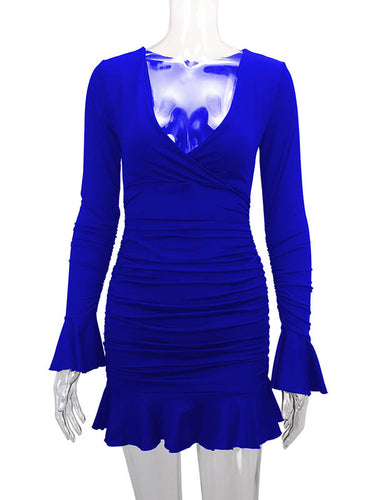 1726366 Bodycon Elasticated Waist Pleated Ruffled Solid Color Split-Joint V-Neck Midi Dresses