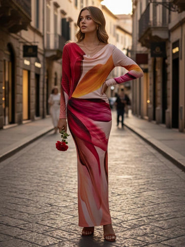 1756685 Bodycon Long Sleeves Contrast Color Pleated Printed Split-Joint Heaps Collar Maxi Dresses