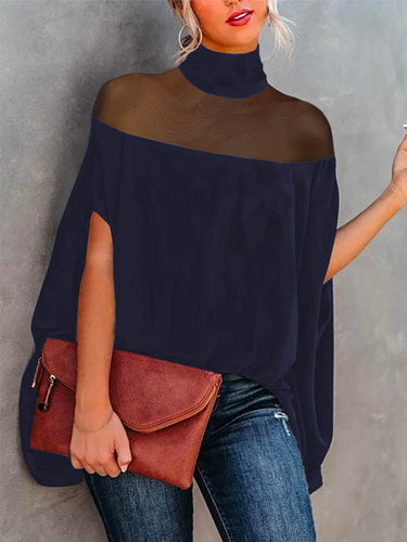 Batwing Sleeves See-Through High-Neck Blouses&Shirts Tops