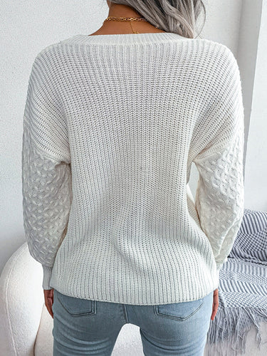 1713721 Long Sleeves Loose Cable Knit Solid Color Round-Neck Sweater Tops