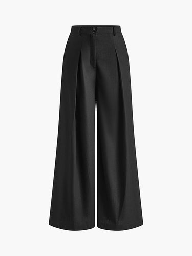 1665649 High Waisted Loose Pleated Solid Color Split-Joint Pants Trousers