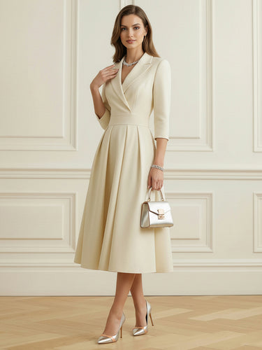 1739400 A-Line Elasticated Waist Big Hemline Pleated Solid Color Split-Joint Notched Collar Blazer Midi Dresses