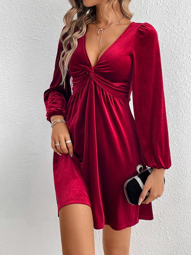 1737365 A-Line High Waisted Knot Pleated Solid Color Split-Joint Velvet Deep V-Neck Mini Dresses