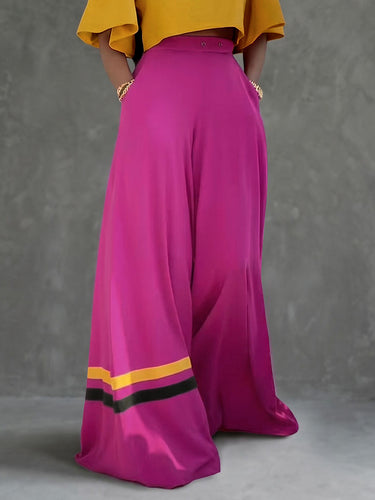 High Waisted Wide Leg Buttoned Contrast Color Pockets Pants Trousers