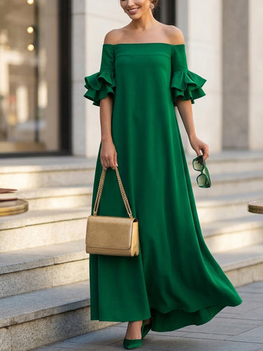 Uoozee-official Half Sleeves Loose Solid Color Off-The-Shoulder Maxi Dresses GREEN / 2XL