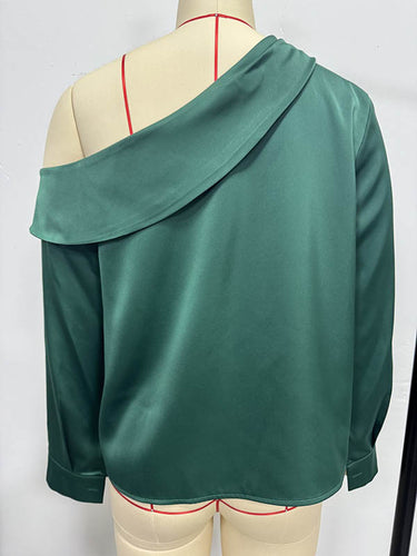 1728929 Long Sleeves Skinny Pleated Solid Color Split-Joint One-Shoulder Blouses&Shirts Tops