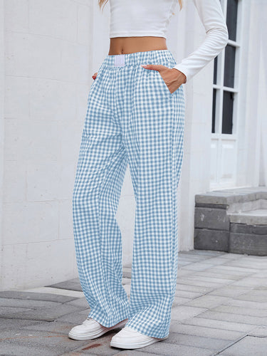 1748472 Elasticated Waist High Waisted Contrast Color Plaid Pockets Split-Joint Pants Trousers
