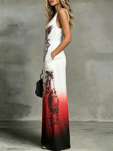 1774090 Jumpsuits met hoge taille, losse zakken en print met V-hals