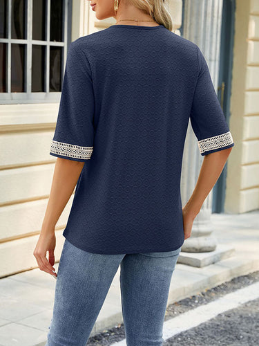 1499239 Loose Short Sleeves Contrast Color Hollow Split-Joint V-Neck T-Shirts Tops