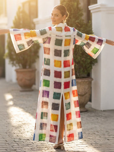 1785343 Flared Sleeves Long Sleeves Contrast Color Printed Split-Back Split-Joint Lapel Maxi Dresses