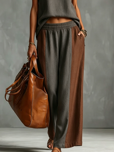 1782821 High Waisted Wide Leg Contrast Color Elasticity Pockets Pants Trousers