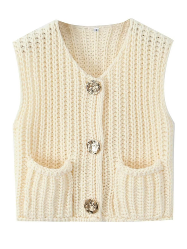 1783584 Sleeveless Buttoned Pockets Solid Color Cardigan Tops Knit Top