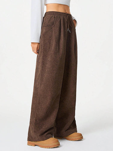 1734590 High Waisted Wide Leg Drawstring Elasticity Pockets Solid Color Pants Trousers