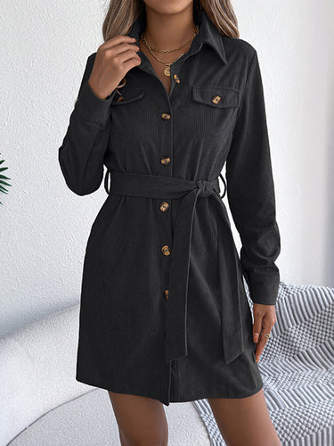 1713263 Elasticated Waist Long Sleeves Belted Buttoned Single-Breasted Solid Color Lapel Collar Mini Dresses Shirt Dress