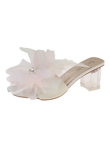 1782056 Square Heel Feathers Open Toe Three-Dimensional Flower Sandals