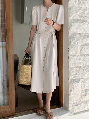 1784250 A-Line Loose Buttoned Solid Color Split-Joint Tied Waist V-Neck Midi Dresses