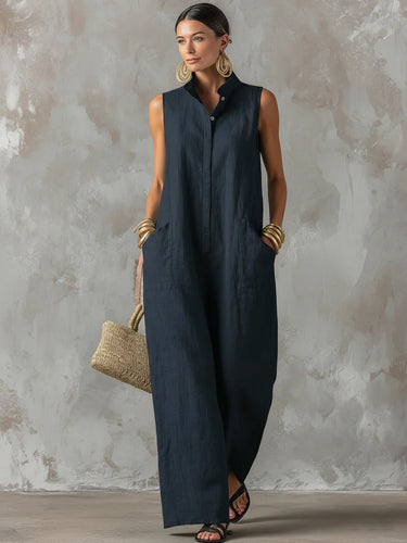 1781498 Loose Sleeveless Buttoned Pockets Solid Color Stand Collar Jumpsuits