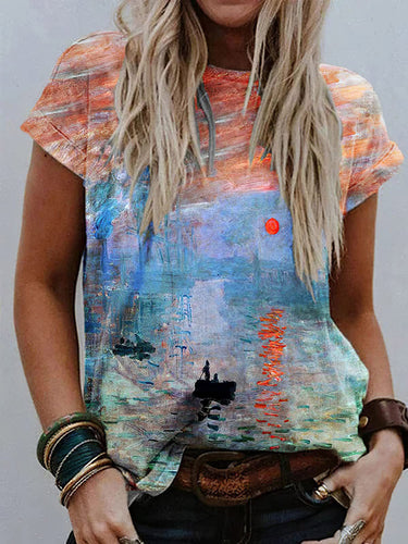 1752296 Loose Short Sleeves Contrast Color Printed Split-Joint Round-Neck T-Shirts Tops
