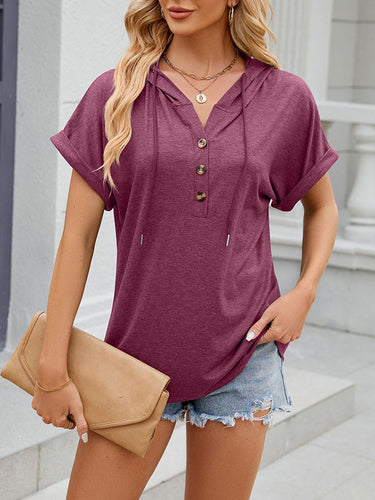 1511662 Loose Buttoned Hooded Solid Color Shirts Tops