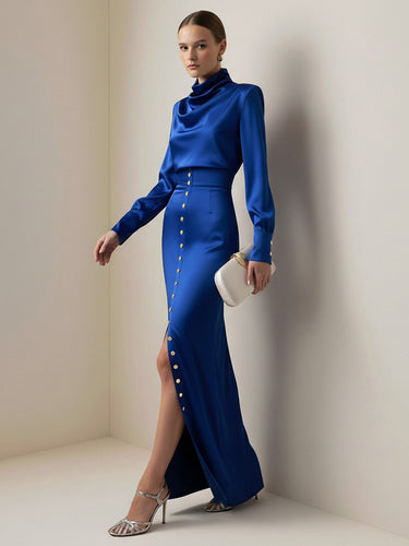 1724282 Split-Joint Heaps Collar Long Sleeves Pleated Blouses&Shirts Tops + Elasticated Waist Asymmetric Buttoned  Contrast Color Split-Side Zipper Skirts Bottoms Two Pieces Set