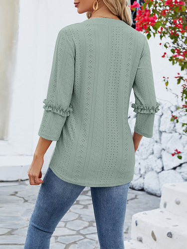 1497326 Loose Three-Quarter Sleeves Jacquard Solid Color V-Neck T-Shirts Tops