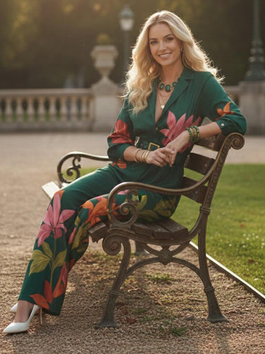 1756776 High Waisted Three-Quarter Sleeves Belted Contrast Color Flower Print Split-Joint Notched Collar Jumpsuits