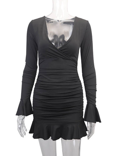 1726355 Bodycon Elasticated Waist Pleated Ruffled Solid Color Split-Joint V-Neck Midi Dresses