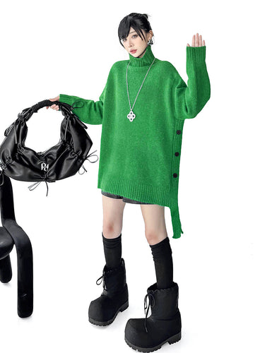 1734790 Irregularity Long Sleeves Buttoned Ribs Solid Color Split-Joint High Neck Sweater Tops