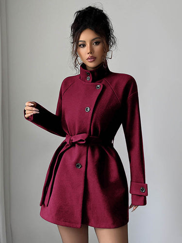 1726763 Elasticated Waist High Waisted Asymmetric Buttoned Solid Color Tied Waist Stand Collar Outerwear