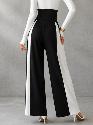 1784480 High Waisted Wide Leg Buttoned Contrast Color Split-Joint Pants Trousers