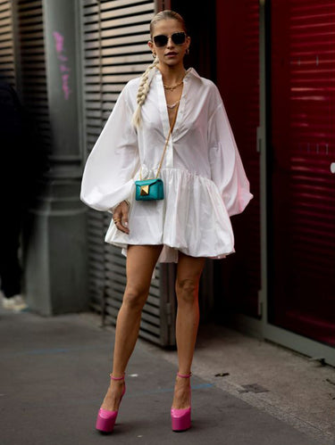 1080298 Puff Sleeves Buttoned Solid Color Split-Joint Lapel Mini Dresses Shirt Dress