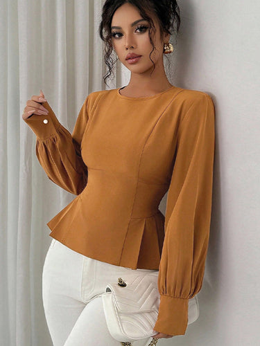 1737268 Elasticated Waist High Waisted Asymmetric Pleated Ruffled Solid Color Round-Neck Blouses&Shirts Tops