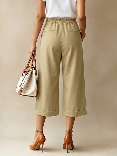 1780721 High Waisted Wide Leg Elasticity Pleated Pockets Solid Color Zipper Capri-Pants Cropped Trousers