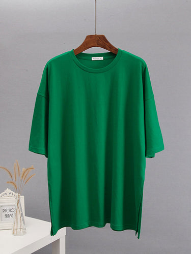 1784027 Loose Short Sleeves Solid Color Split-Side Round-Neck T-Shirts Tops