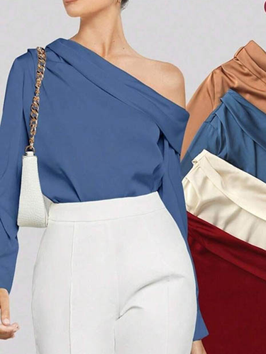 1729145 Long Sleeves Skinny Pleated Solid Color Split-Joint One-Shoulder Blouses&Shirts Tops