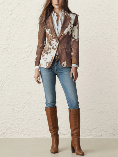 Long Sleeves Buttoned Contrast Color Pockets Printed Split-Back Notched Collar Blazer Outerwear