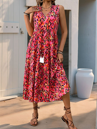 1749554 A-Line Loose Contrast Color Printed Split-Joint V-Neck Maxi Dresses