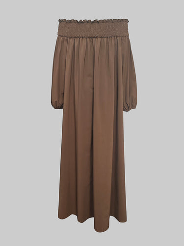 Loose Puff Sleeves Elasticity Pleated Solid Color Off-The-Shoulder Maxi Dresses