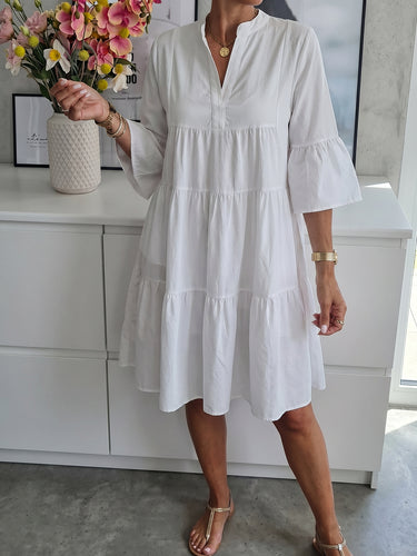 1786697 Flared Sleeves Loose Pleated Solid Color Split-Joint V-Neck Midi Dresses