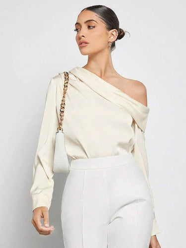 1728938 Long Sleeves Skinny Pleated Solid Color Split-Joint One-Shoulder Blouses&Shirts Tops