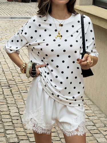 1789433 Polka Dot Short Sleeves Bloomers Round-neck T-Shirts Tops
