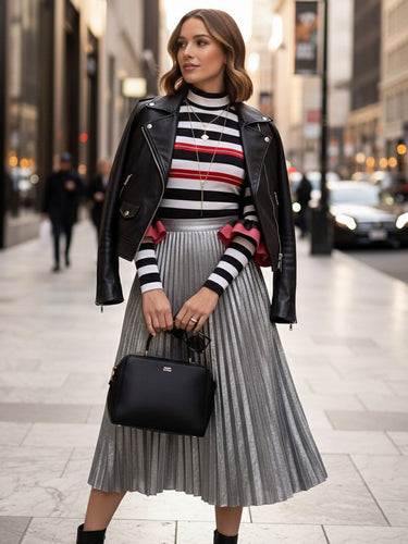 Long Sleeves Skinny Contrast Color Ruffled Split-Joint Striped Half Turtleneck Blouses&Shirts Tops