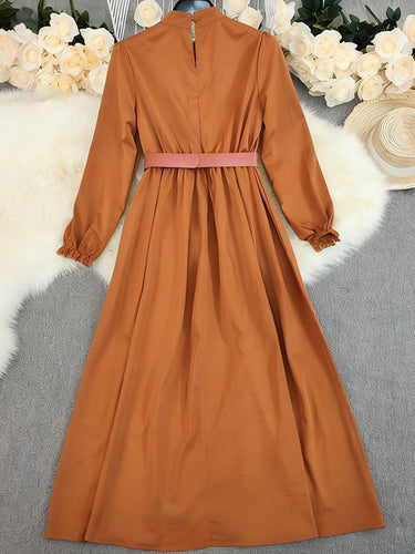 1740923 A-Line Elasticated Waist Belted Buttoned Contrast Color Pleated Split-Joint Stand Collar Maxi Dresses Shirt Dress