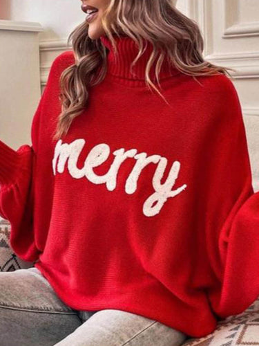 1732401 Long Sleeves Loose Contrast Color Printed Split-Joint High Neck Sweater Tops