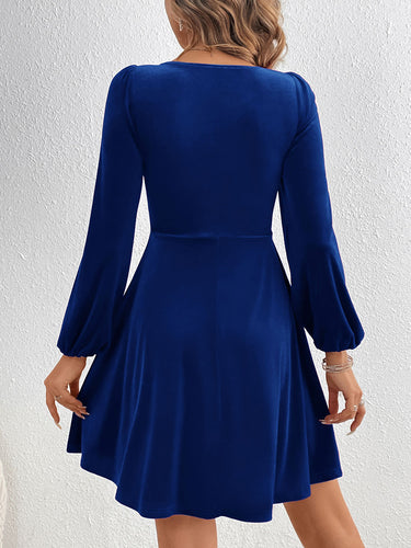 1737394 A-Line High Waisted Knot Pleated Solid Color Split-Joint Velvet Deep V-Neck Mini Dresses