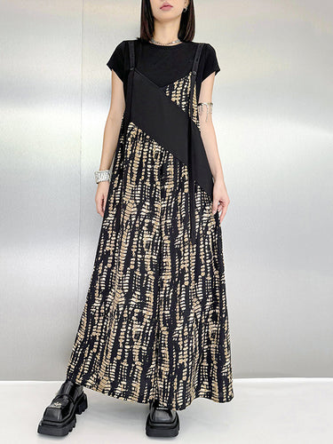 1719681 Loose Sleeveless Asymmetric Contrast Color Printed Split-Joint Spaghetti-Neck Overalls