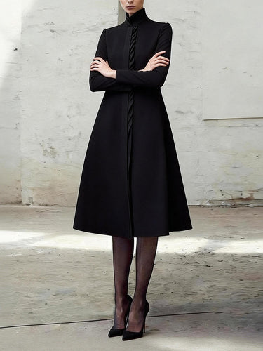 A-Line Bodycon Asymmetric Pleated Pockets Solid Color Split-Joint Stand Collar Midi Dresses