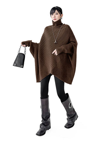 1726298 Batwing Sleeves Irregularity Asymmetric Ribbed Knit Solid Color Split-Joint High Neck Sweater Tops