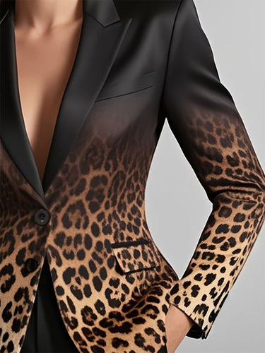 Long Sleeves Buttoned Gradient Leopard Pockets Notched Collar Blazer Outerwear