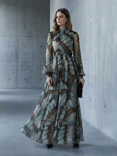 Ballonmouwen Lange mouwen Grote zoom Contrasterende kleur Geplooide print Rits Opstaande kraag Maxi-jurken
